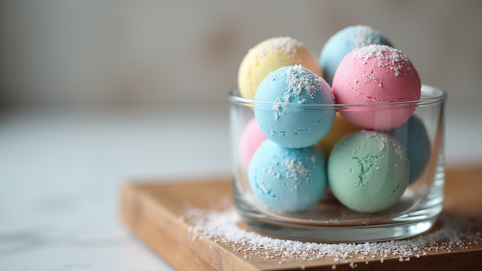 Close-up view of colorful bath bombs in a glass jar