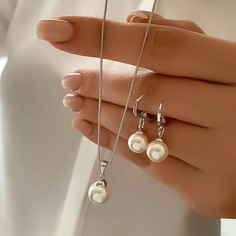 Miniatura: LATS 3 Pcs/Set Round Pearl Pendant Necklace For Women Exquisite Fashion Rhinesto