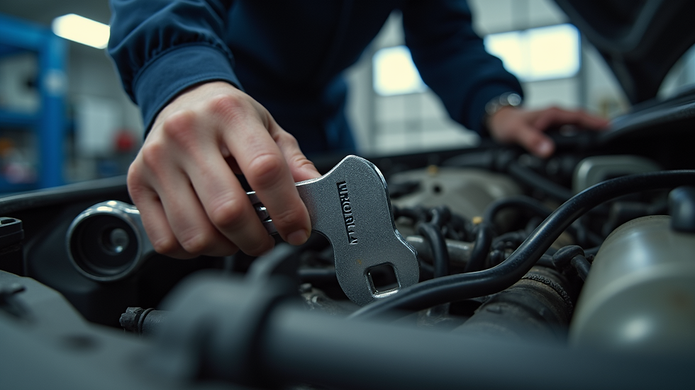Eye-level view of a mechanic using a Merzerker wrench on a car engine