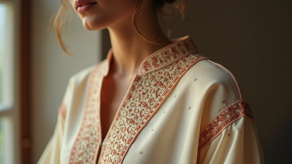 Close-up of a modern kurta with traditional embroidery details
