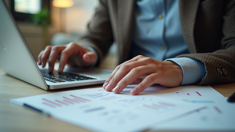 Eye-level view of a branding expert working on a laptop with brand strategy notes