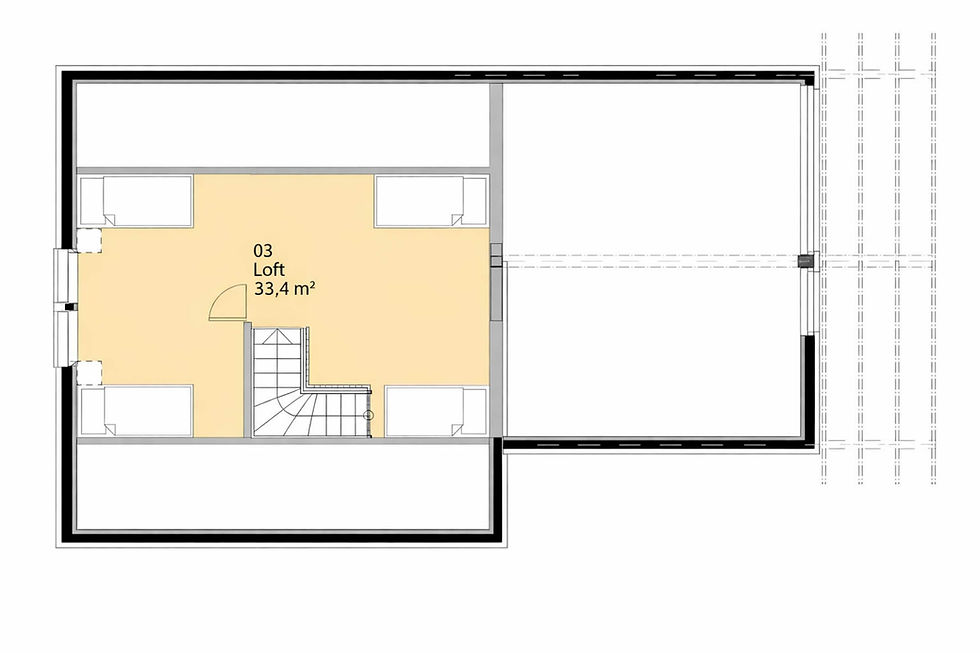 Plantegning av loft i Falketind hytte på 33,4 kvadratmeter.