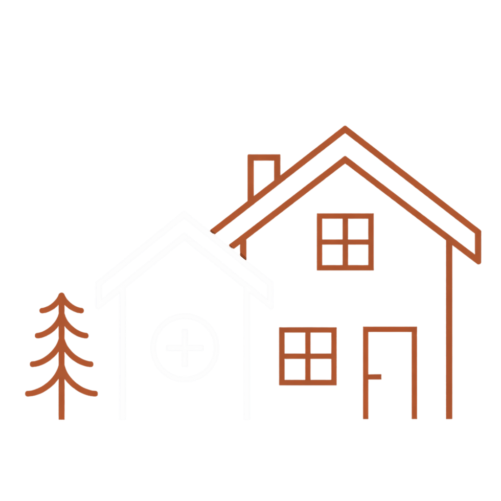 Illustrasjon av hus med et plusstegn og et grantre