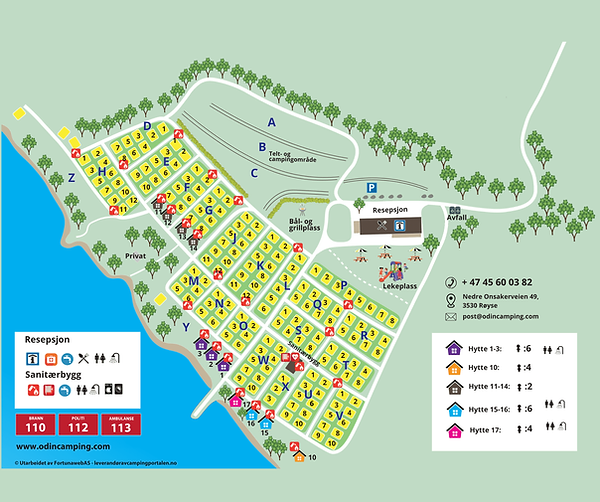 Kart over Odin Camping ved Tyrifjorden med tomter, bygninger og kontaktinfo.