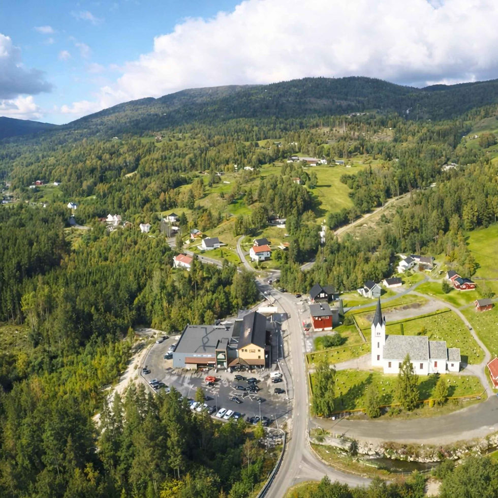 Flyfoto av landsby i en dal med kirke og butikk