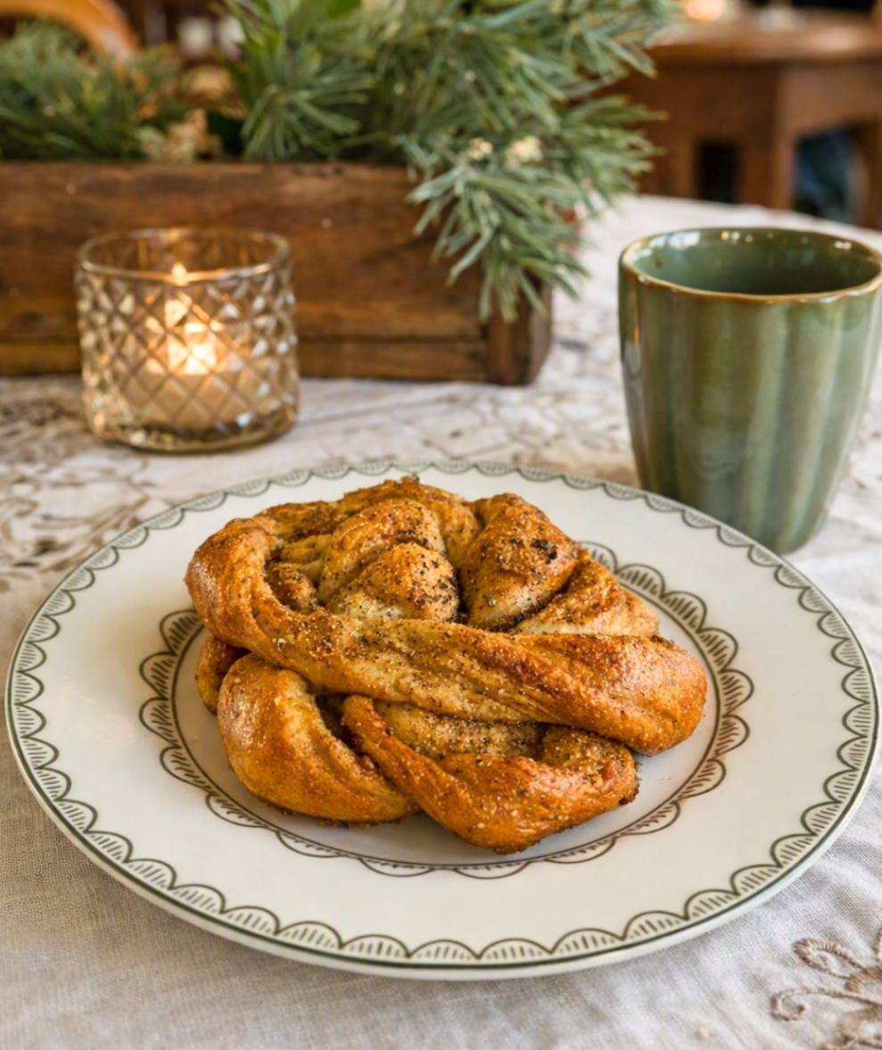 Cinnamon knot with coffee and a candle