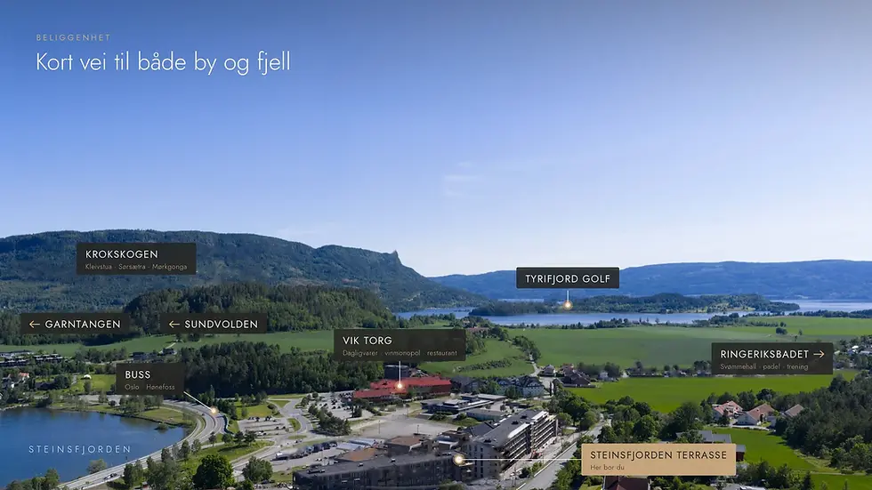 Oversiktsbilde over Steinsfjorden Terrasse, Vik torg, Krokskogen og Tyrifjorden