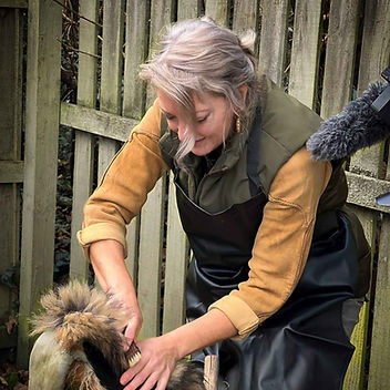Theresa Emmerich Kamper scraping hides while being filmed and interviewed.