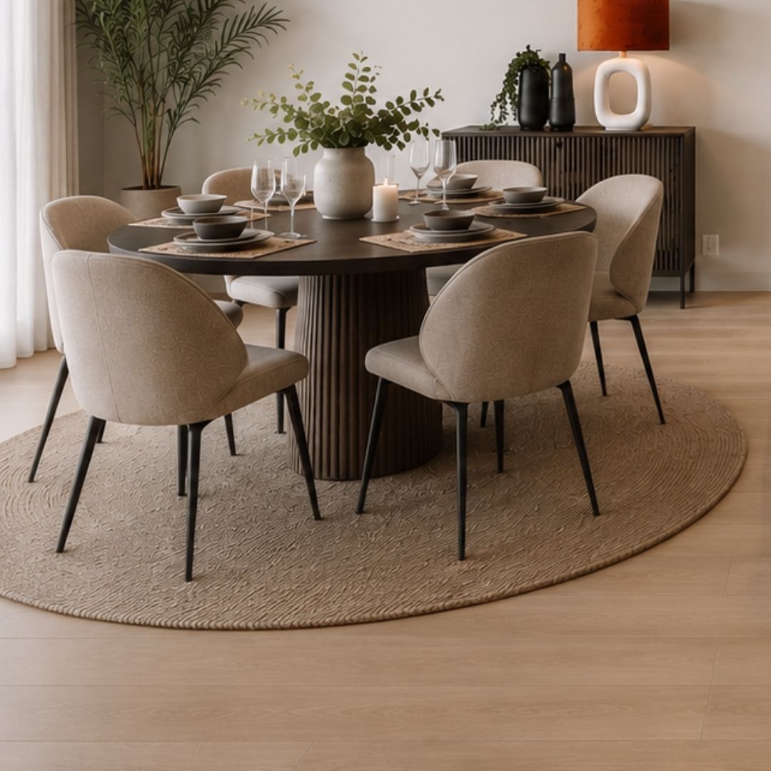 Rundt spisebord med beige stoler på eikegulv i leilighetstype 11