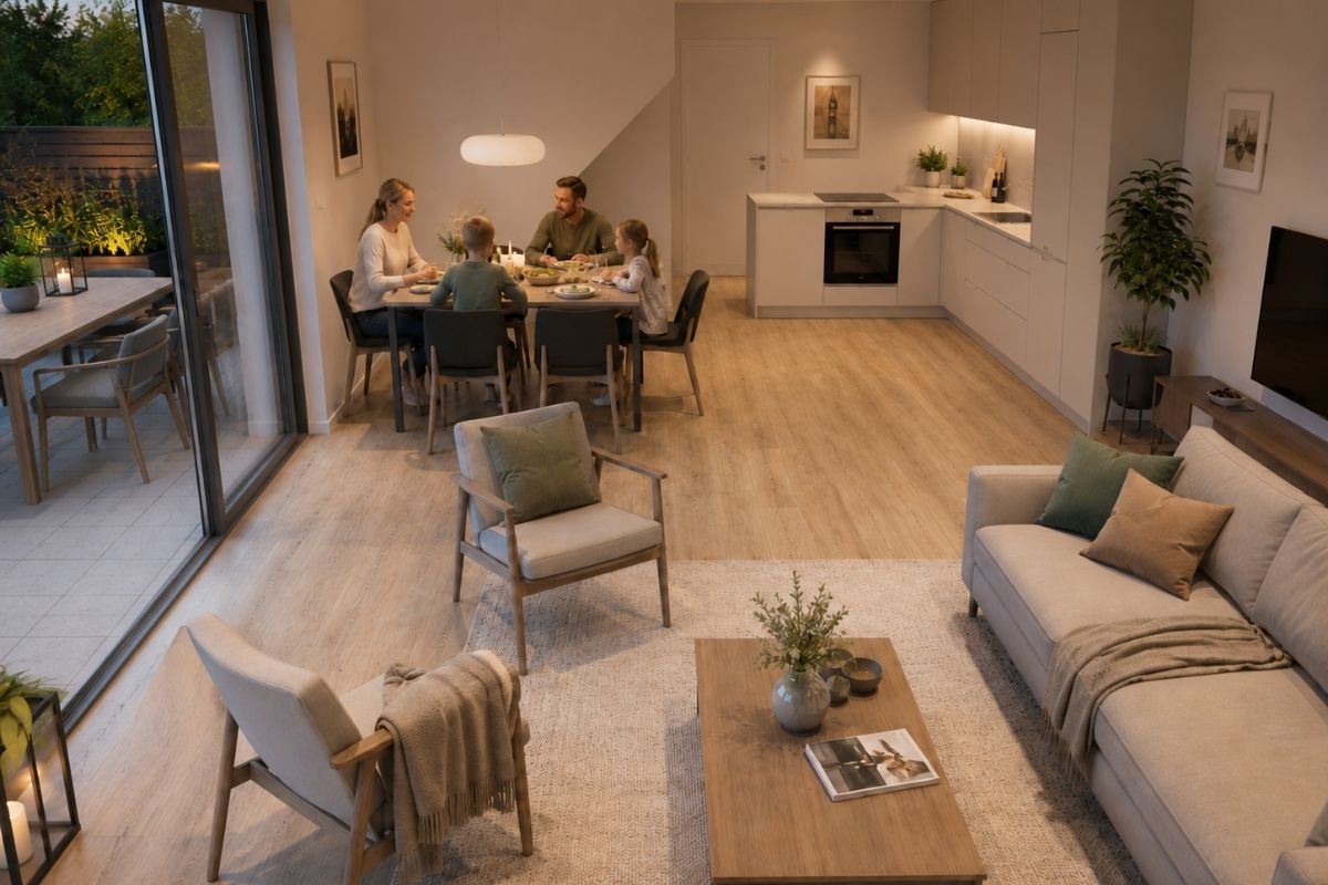 Stue og kjøkken i én åpen løsning med skyvedør ut til markterrassen i leilighetstype 8 på Steinsfjorden Terrasse