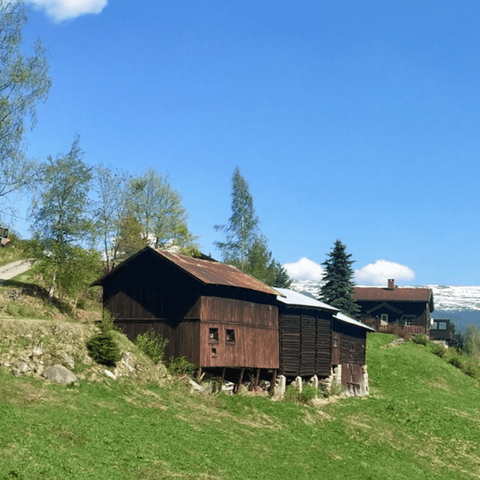 A weathered mountain cabin in Norway sits among green pastures, with a barn nestled into the steep hills.