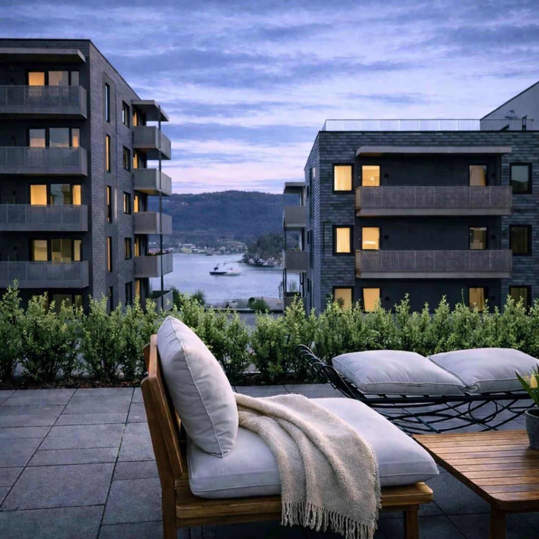 Markterrasse med loungemøbler og utsikt mot Steinsfjorden i kveldslys, leilighetstype 6