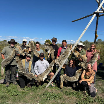 Hide tanning workshop with participants holding finished tanned coyote fu.