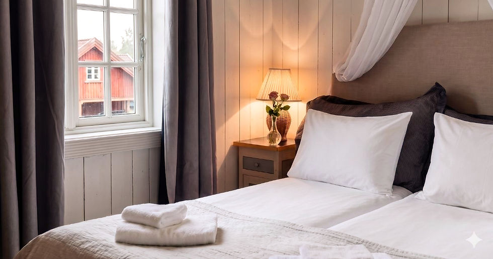 Bedroom with two beds, bedside tables and red house outside the window