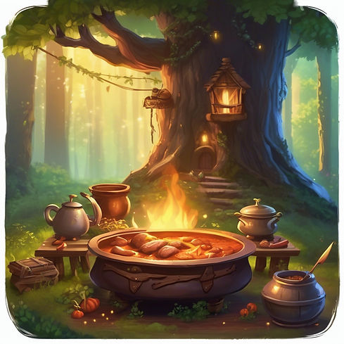 A fantasy table with magical lighting, stew bubbling, and forest backdrop.jpg