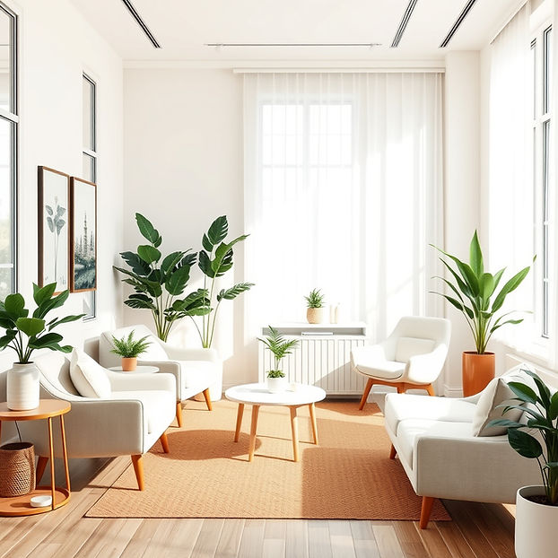 Bright, modern therapy office designed to evoke healing, trust, and personal growth. Comfo