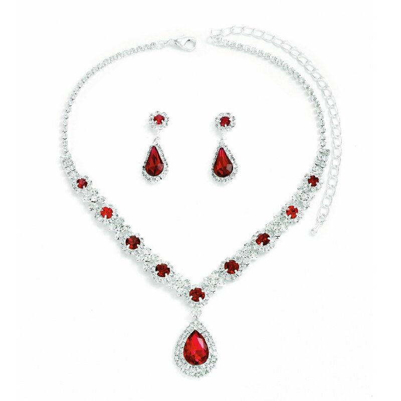 Thumbnail: 3 pieces of women's crystal droplet necklace with earrings set for wedding eveni