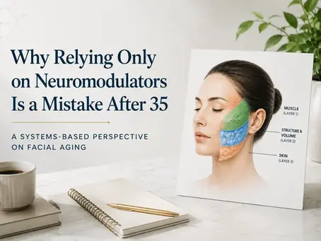 Facial aging layers showing muscle, structure and volume, and skin in a systems-based approach to neuromodulator treatment after 35.