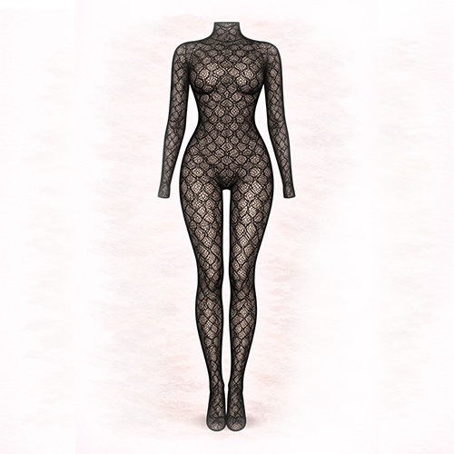 Black lace catsuit displayed against a light background, showcasing intricate geometric patterns with a full-length, form-fitting design.