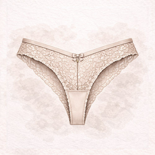 Lace-patterned beige high leg brief with a small bow on top, set against a soft, textured white background. The mood is delicate and elegant.