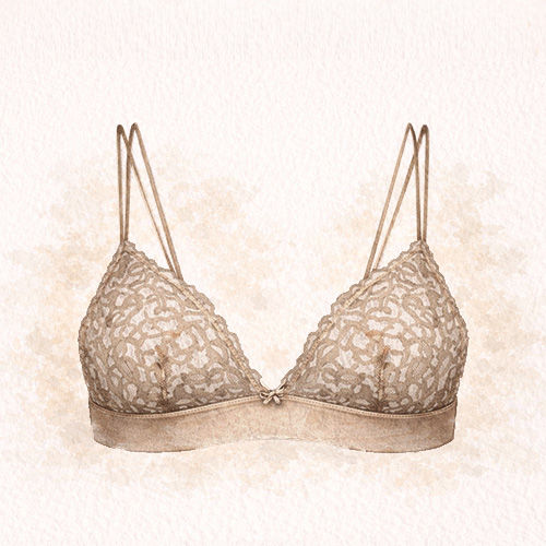 Lace-patterned beige triangle bralette with dual straps on creamy textured background, exuding elegance and softness.