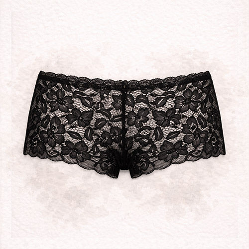 Black lace pattern boy short with floral design on a light textured background. Elegant and delicate appearance.