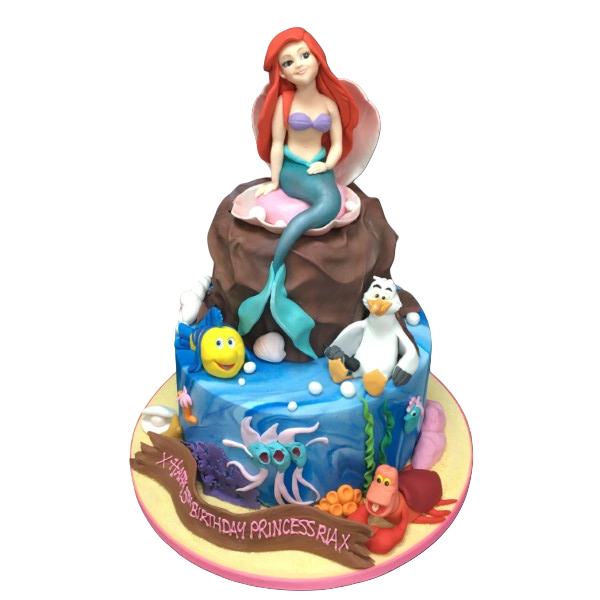 Adorable Little Mermaid Ariel and Friends themed cake with vibrant colours and detailed decorations, perfect for a magical underwater birthday celebration.