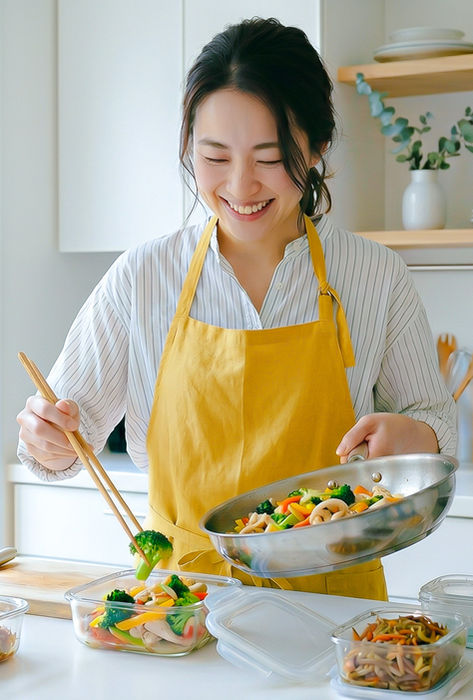 料理代行で手際よくおかずを容器に盛り付ける女性