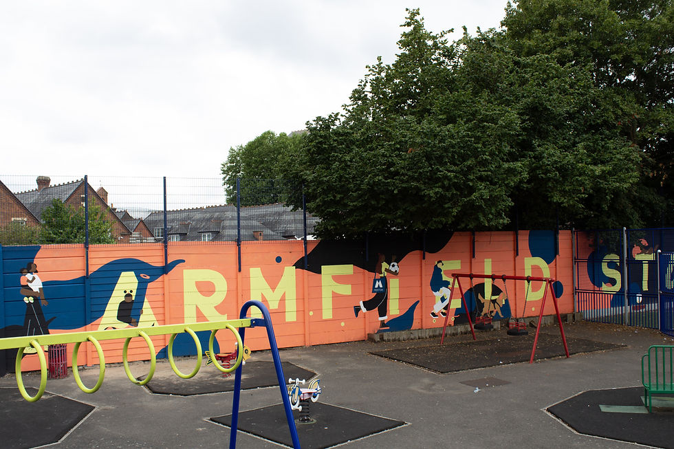 View from high up or ARMFIELD letters painted on playground mural