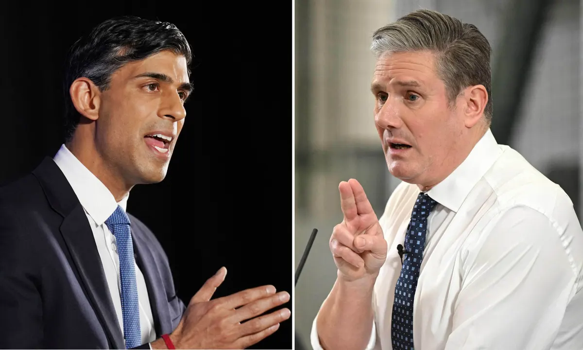Split screen photos of Rishi Sunak and Kier Starmer facing each other giving speeches