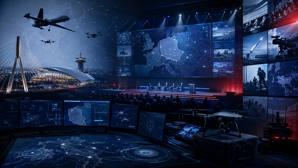 High-tech defense conference and operations center representing Polish Drone Alliance referenced in national coverage of the Security of Poland Congress.