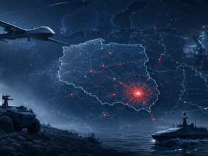 Digital map of Poland with Rzeszów highlighted as a strategic hub for Polish Drone Alliance unmanned systems and counter-drone capabilities.