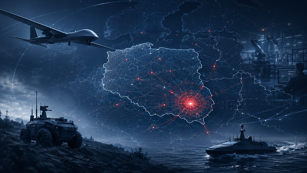Digital map of Poland with Rzeszów highlighted as a strategic hub for Polish Drone Alliance unmanned systems and counter-drone capabilities.