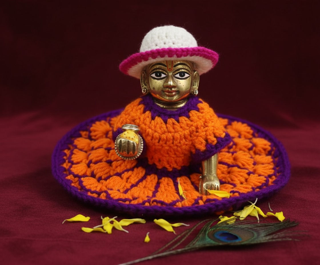 Handmade Orange and Purple Crochet Laddu Gopal Dress and Cap