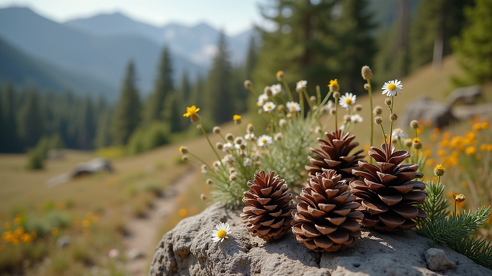 Close-up of rustic mountain event décor featuring pinecones and wildflowers