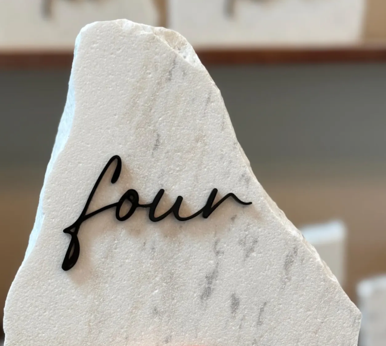White Marble Stone Table Numbers with Black Cursive