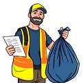 Image of a blue collar worker with a neon vest and black t shirt holding a 13 gallon trash