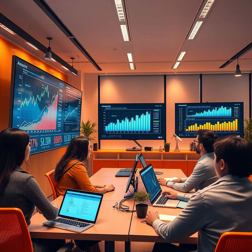 Générez une image réaliste d'un bureau de commerce électronique moderne où une équipe analyse Amazon.