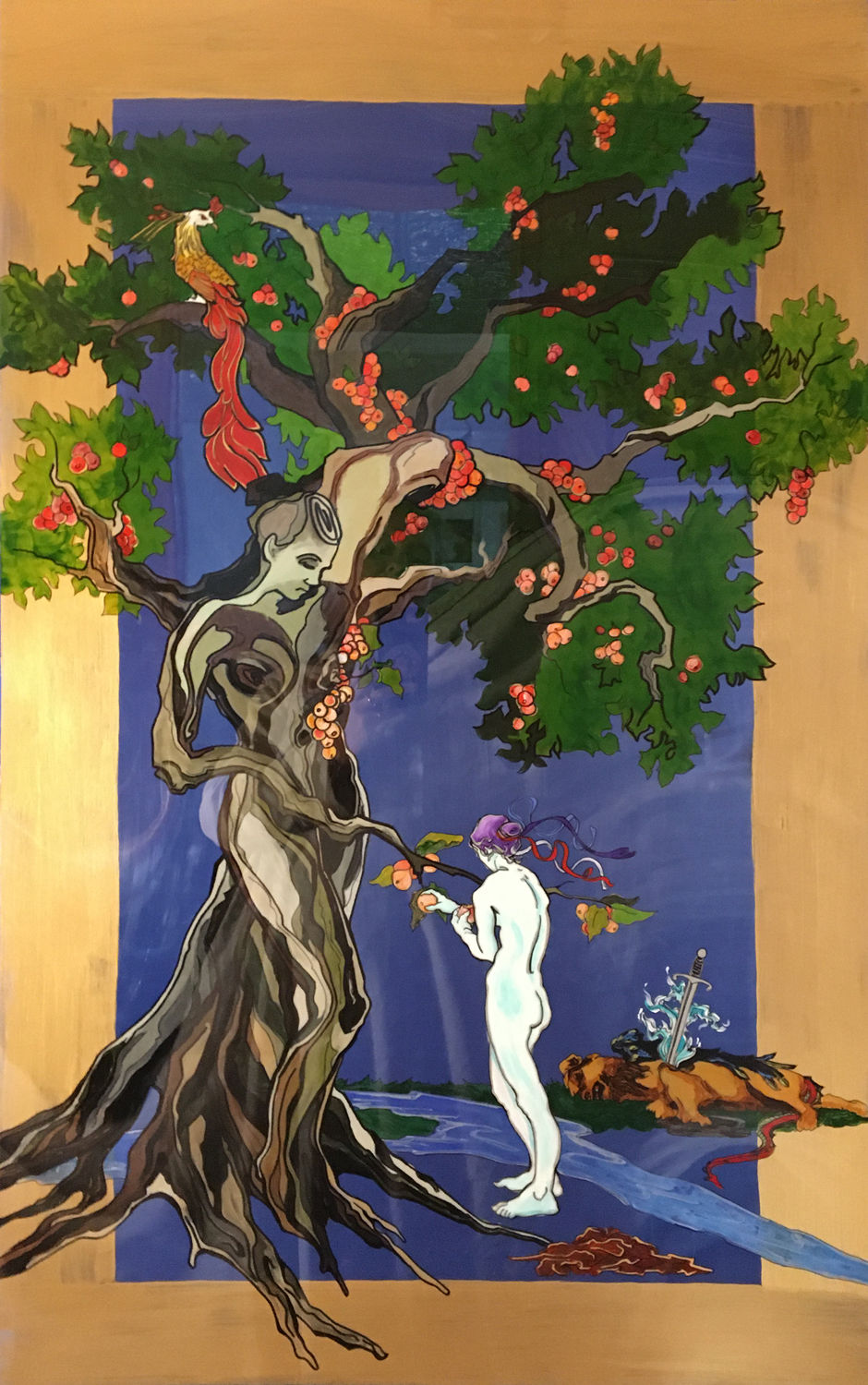 'Protennoia' - 2022- Eve returns to the Garden after sleighing the Lion faced God, Yaldabaoth, with the flaming sword to partake of the fruit of the Tree of Life.