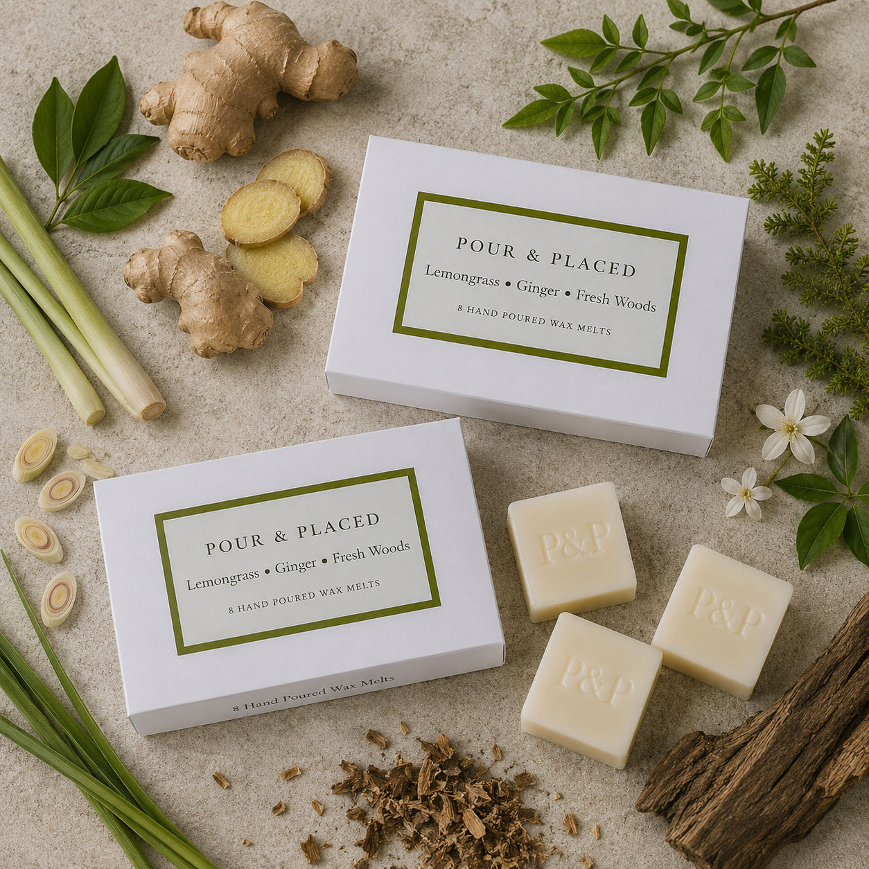 Three Lemongrass, Ginger and Fresh handmade wax melts displayed with branded Pour and Placed boxes and fresh ingredients