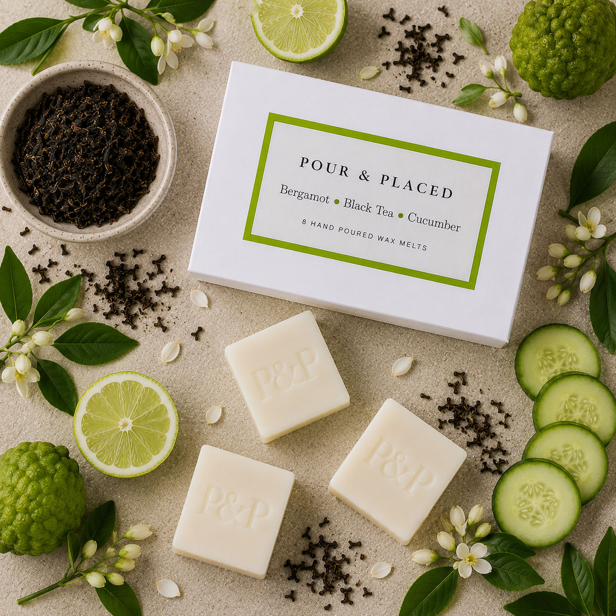 Three Bergamot, Black Tea and Cucumber handmade wax melts displayed with fresh ingredients and a branded Pour and Placed box