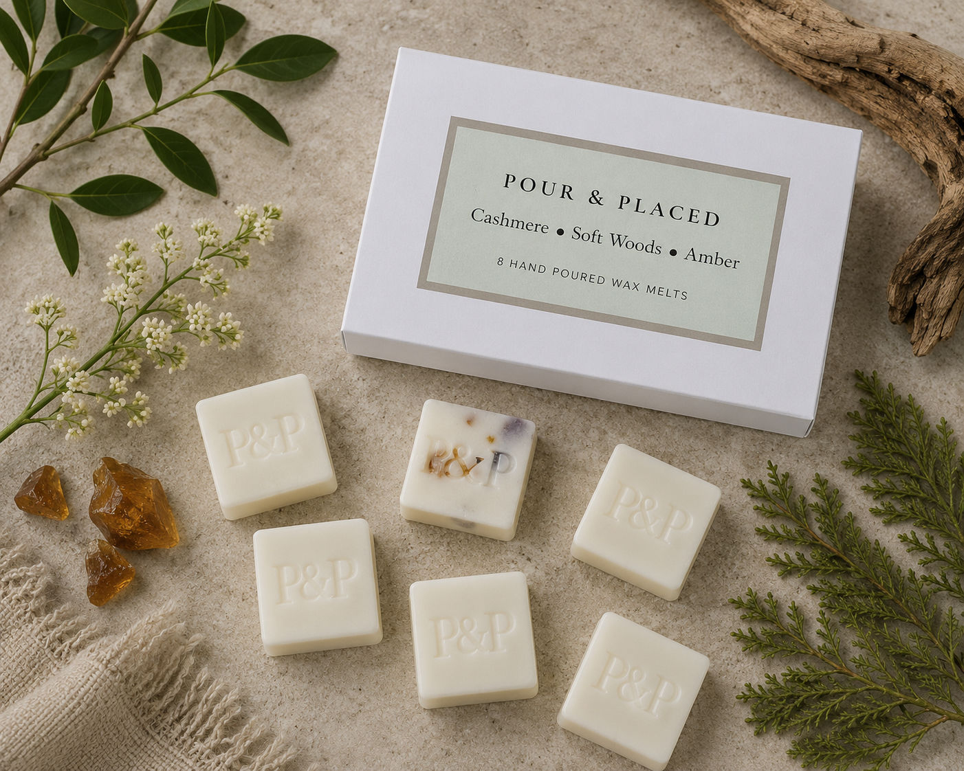 Six Cashmere, Soft Woods and Amber handmade wax melts displayed with foliage and a branded Pour and Placed box