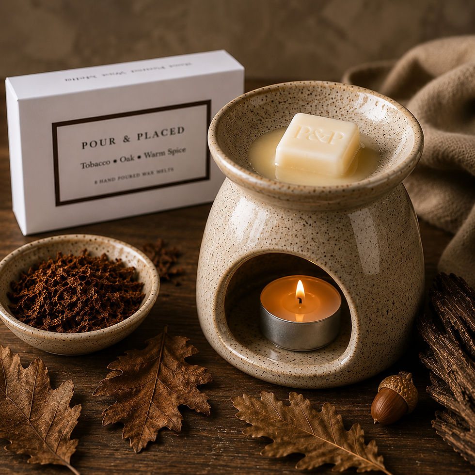 Tobacco, Oak and Warm Spice handmade wax melt in a wax burner displayed with a labelled box