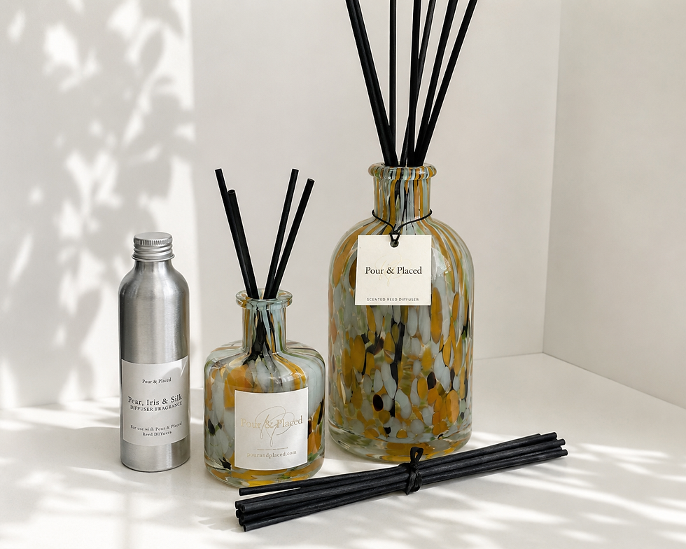 Examples of diffuser reeds in a range of diffuser bottles for the handmade fragrance