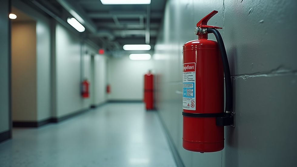 Eye-level view of a fire extinguisher mounted on a wall in a commercial building