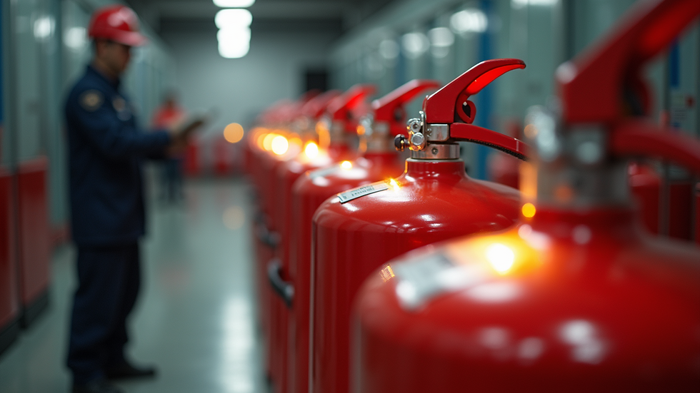 Eye-level view of a safety training session with employees practicing fire extinguisher use