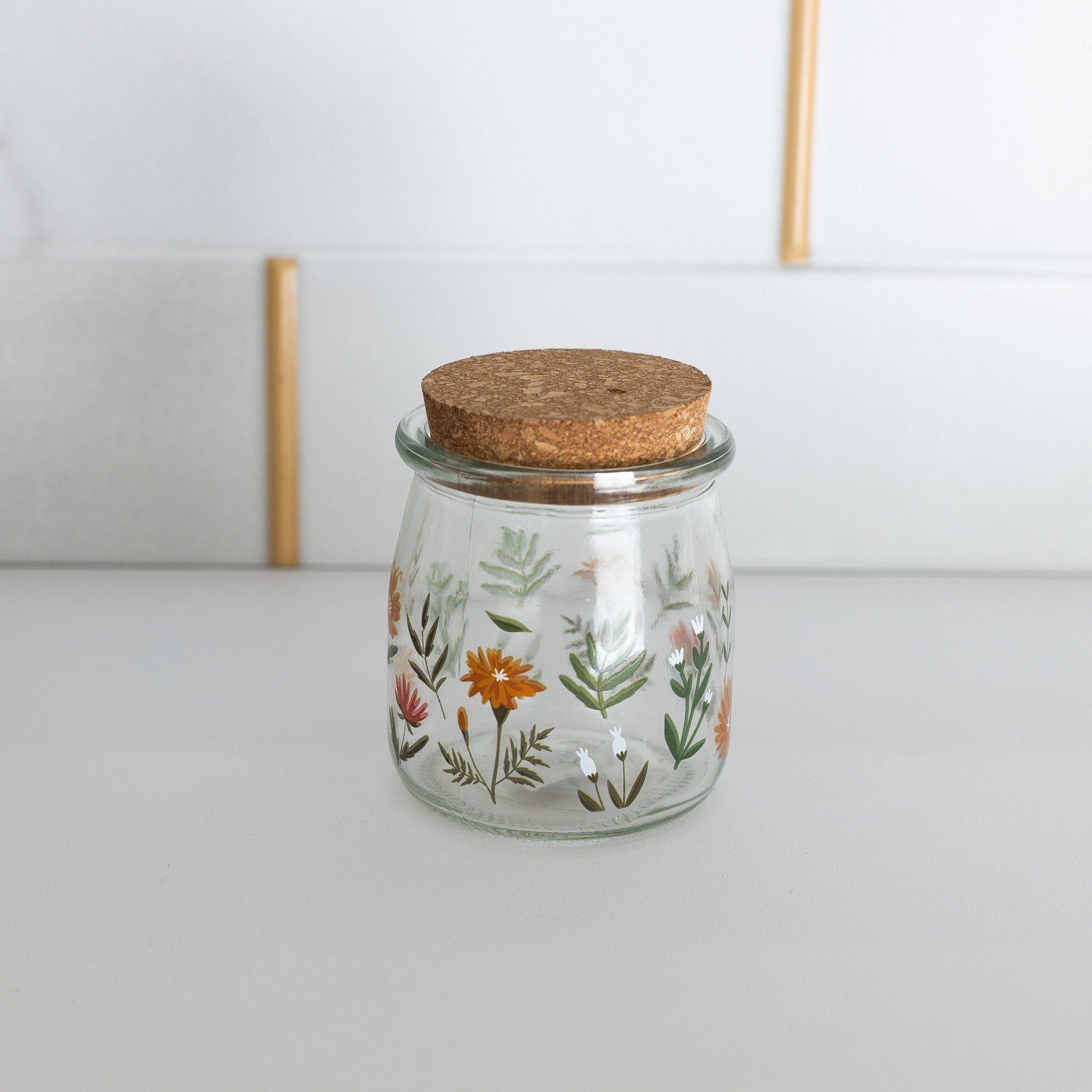 Pote redondo de vidro c/ tampa de rolha Flora 190ml