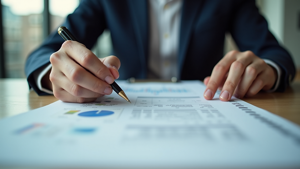 Eye-level view of a small business owner reviewing financial documents