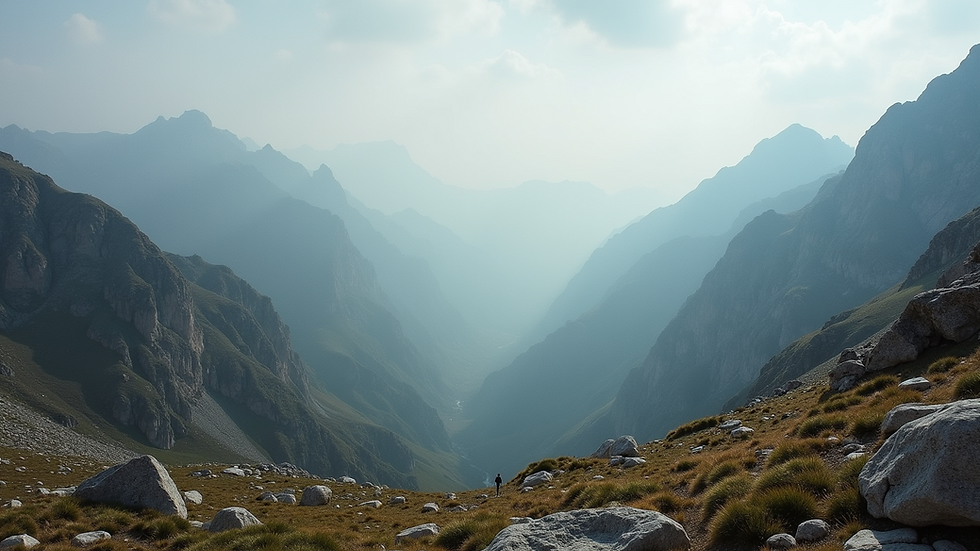 Wide angle view of rugged mountain terrain
