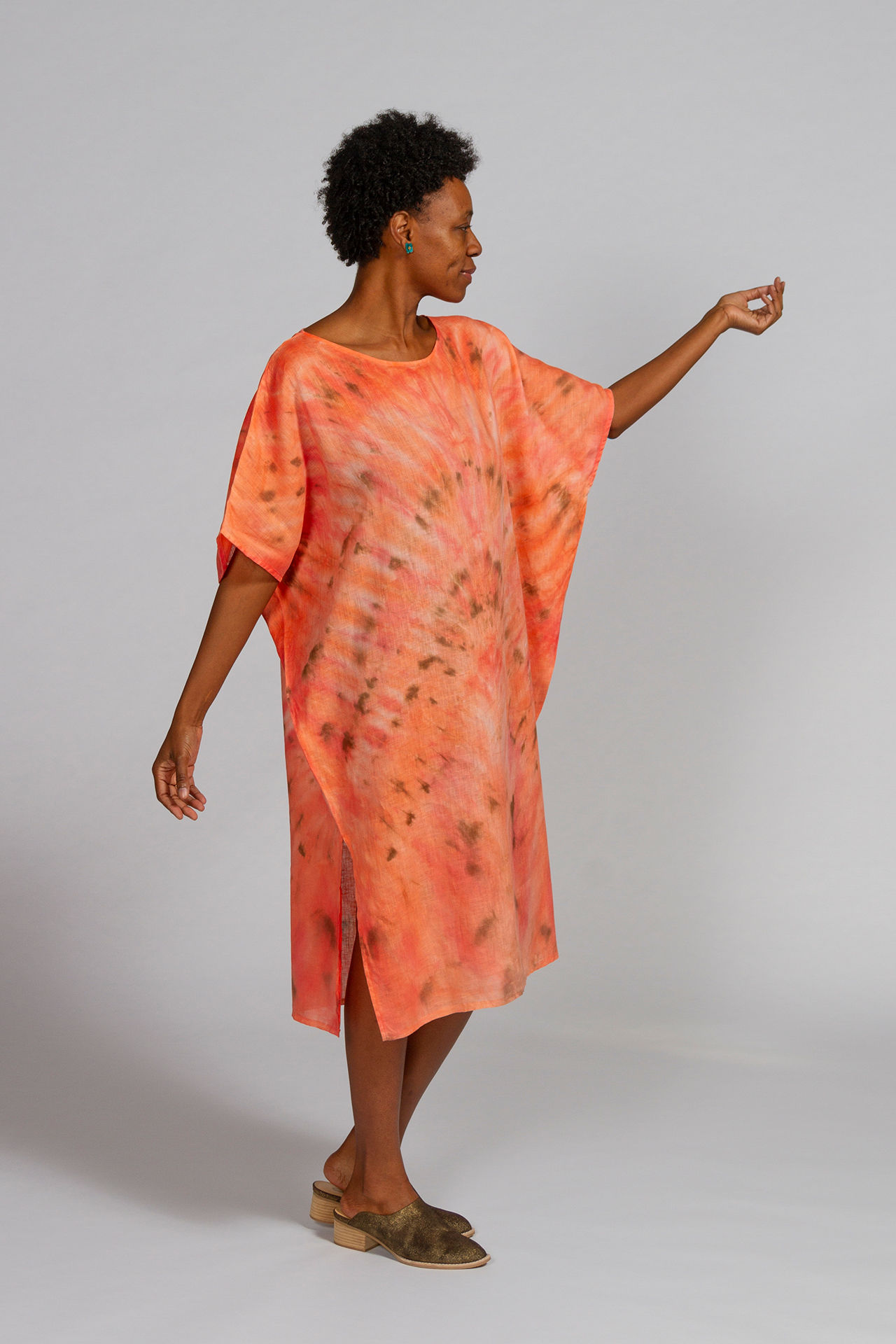 Hand-dyed Coral Mix Linen Dolman Sleeve Tunic